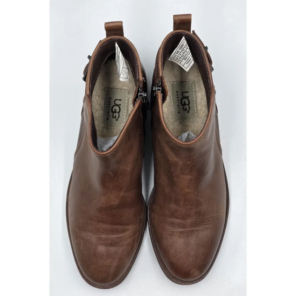 UGG Demi‎ Boot Womens 6 Brown Leather Shearling Lined Ankle Zip Buckle